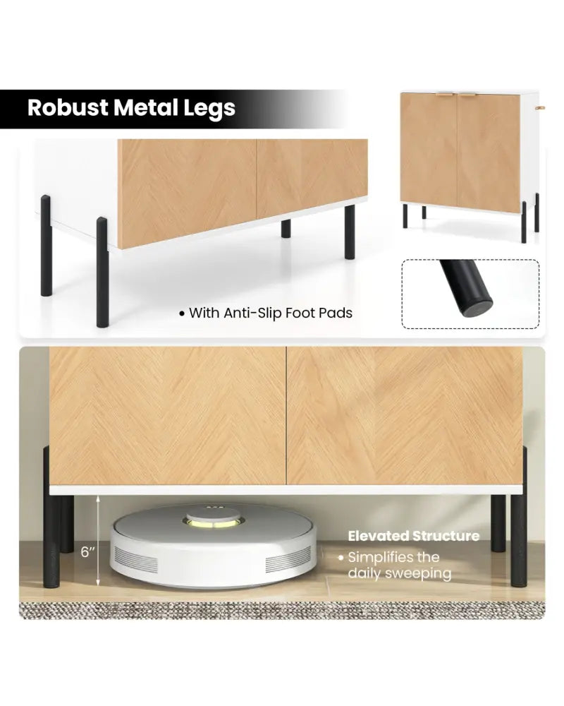 2-Door Buffet Cabinet Sideboard with Shelf and Metal Legs-White-Natural Wood - Natural & White - Sideboards Cabinets &