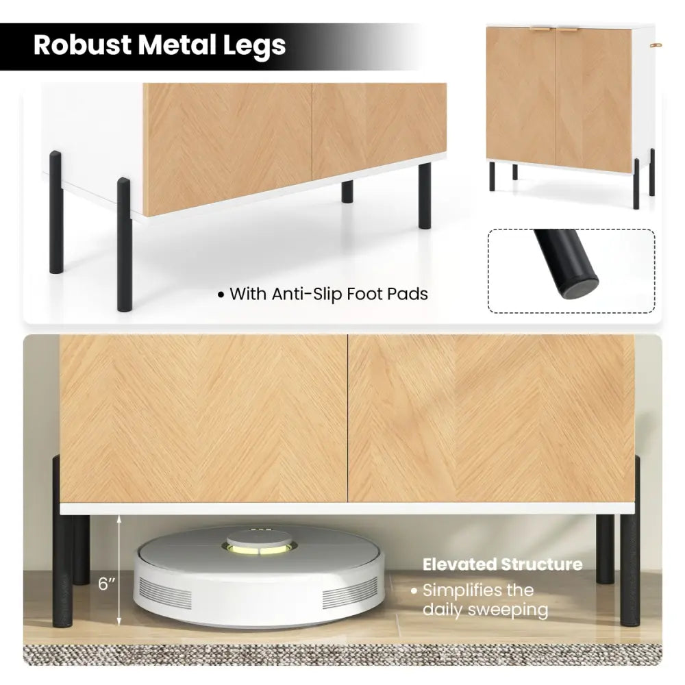 2-Door Buffet Cabinet Sideboard with Shelf and Metal Legs-White-Natural Wood - Natural & White - Sideboards Cabinets &