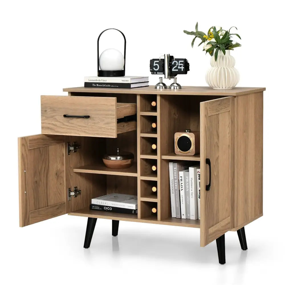 2-Door Buffet Sideboard with 6-Bottle Wine Rack Drawer - Natural - Sideboards Cabinets & Buffets