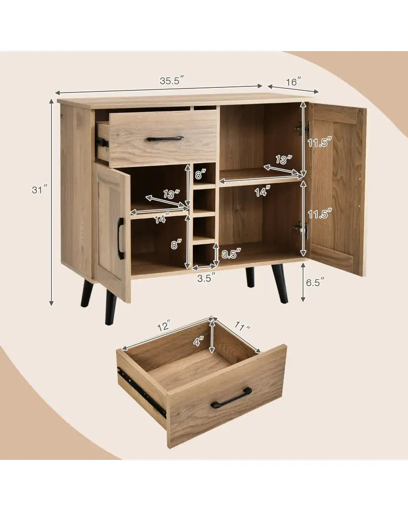 2-Door Buffet Sideboard with 6-Bottle Wine Rack Drawer - Natural - Sideboards Cabinets & Buffets