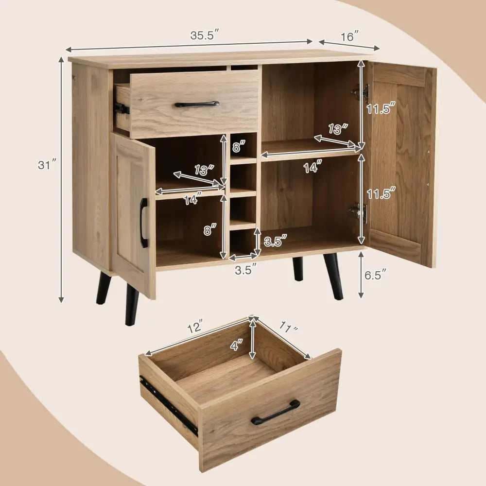 2-Door Buffet Sideboard with 6-Bottle Wine Rack Drawer - Natural - Sideboards Cabinets & Buffets