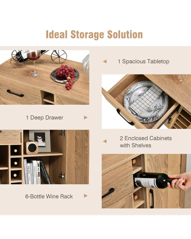 2-Door Buffet Sideboard with 6-Bottle Wine Rack Drawer - Natural - Sideboards Cabinets & Buffets
