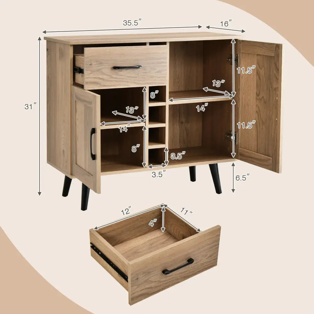 2-Door Buffet Sideboard with 6-Bottle Wine Rack Drawer - Natural - Sideboards Cabinets & Buffets