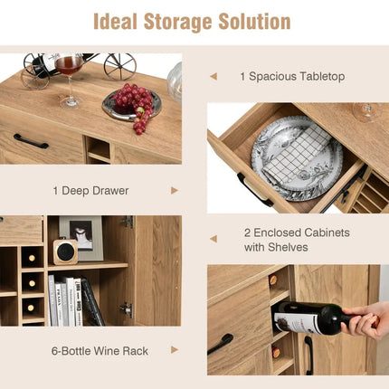 2-Door Buffet Sideboard with 6-Bottle Wine Rack Drawer - Natural - Sideboards Cabinets & Buffets