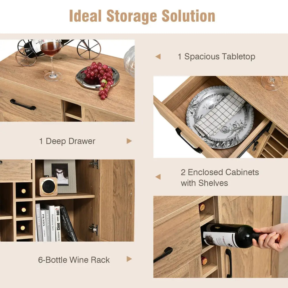2-Door Buffet Sideboard with 6-Bottle Wine Rack Drawer - Natural - Sideboards Cabinets & Buffets
