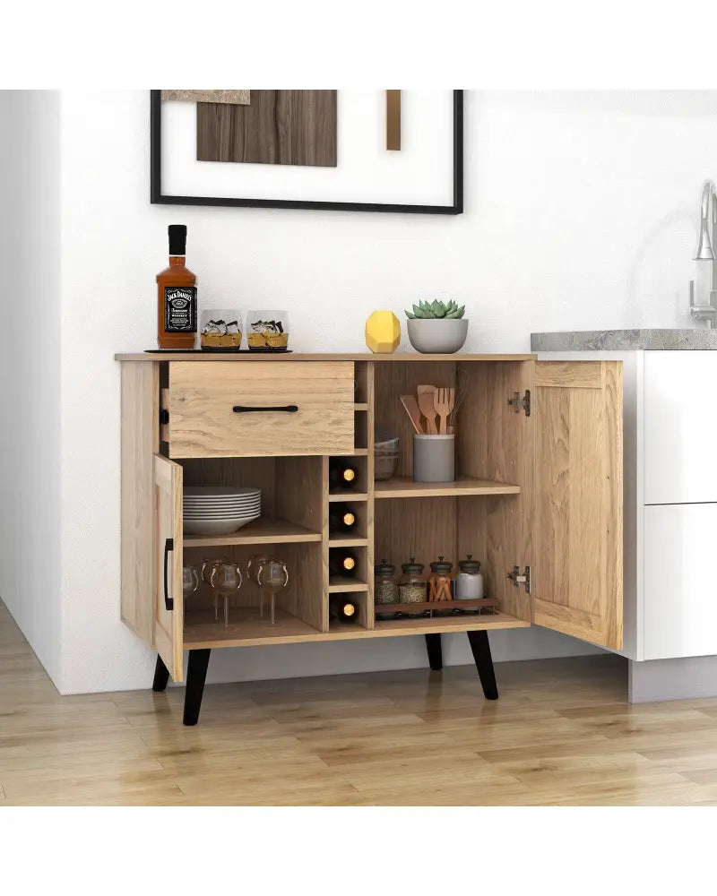 2-Door Buffet Sideboard with 6-Bottle Wine Rack Drawer - Natural - Sideboards Cabinets & Buffets