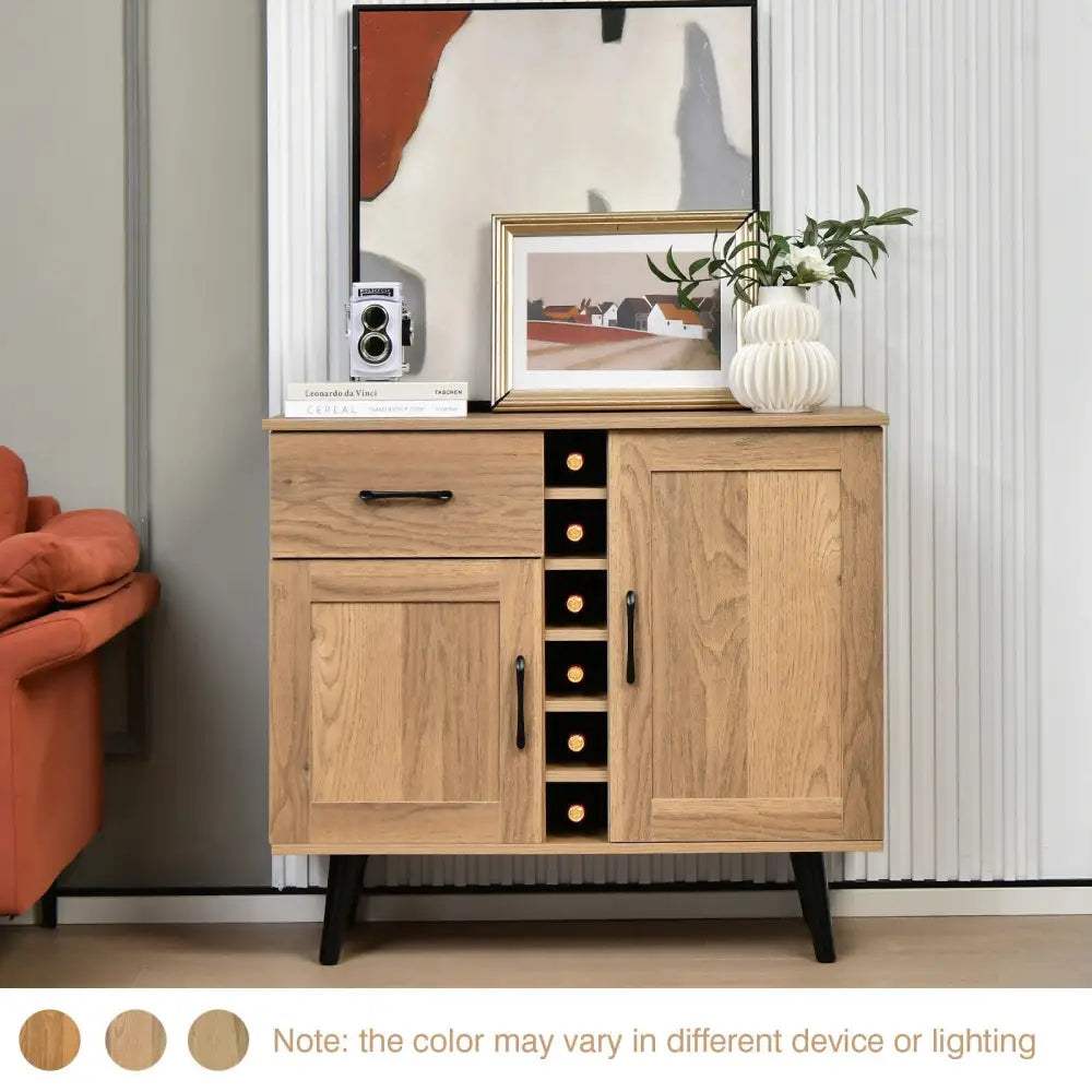 2-Door Buffet Sideboard with 6-Bottle Wine Rack Drawer - Natural - Sideboards Cabinets & Buffets