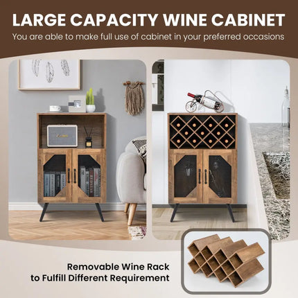 2-Door Farmhouse Kitchen Storage Bar Cabinet with Wine Rack and Glass Holder-Rustic Brown Costway