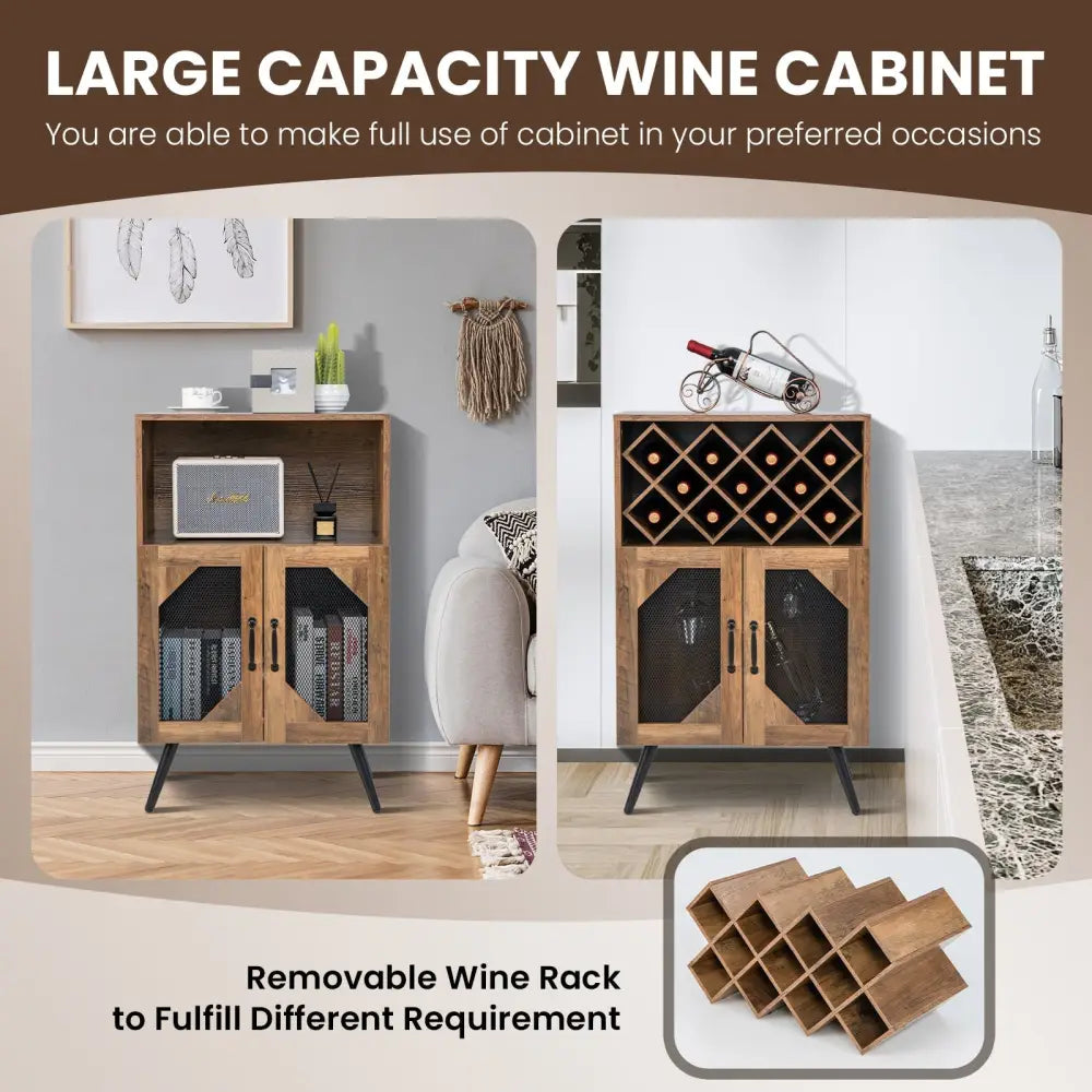 2-Door Farmhouse Kitchen Storage Bar Cabinet with Wine Rack and Glass Holder-Rustic Brown Costway