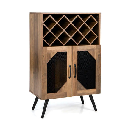2-Door Farmhouse Kitchen Storage Bar Cabinet with Wine Rack and Glass Holder-Rustic Brown Costway