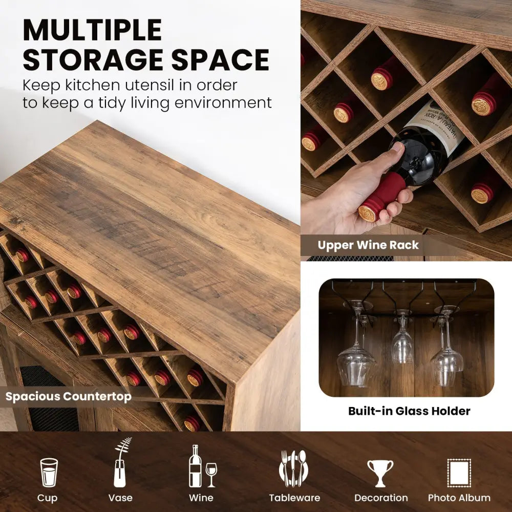 2-Door Farmhouse Kitchen Storage Bar Cabinet with Wine Rack and Glass Holder-Rustic Brown Costway