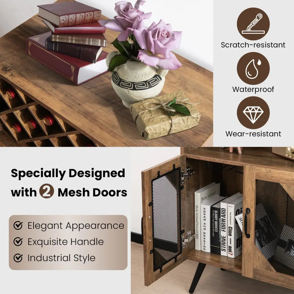2-Door Farmhouse Kitchen Storage Bar Cabinet with Wine Rack and Glass Holder-Rustic Brown - Brown - Sideboards Cabinets