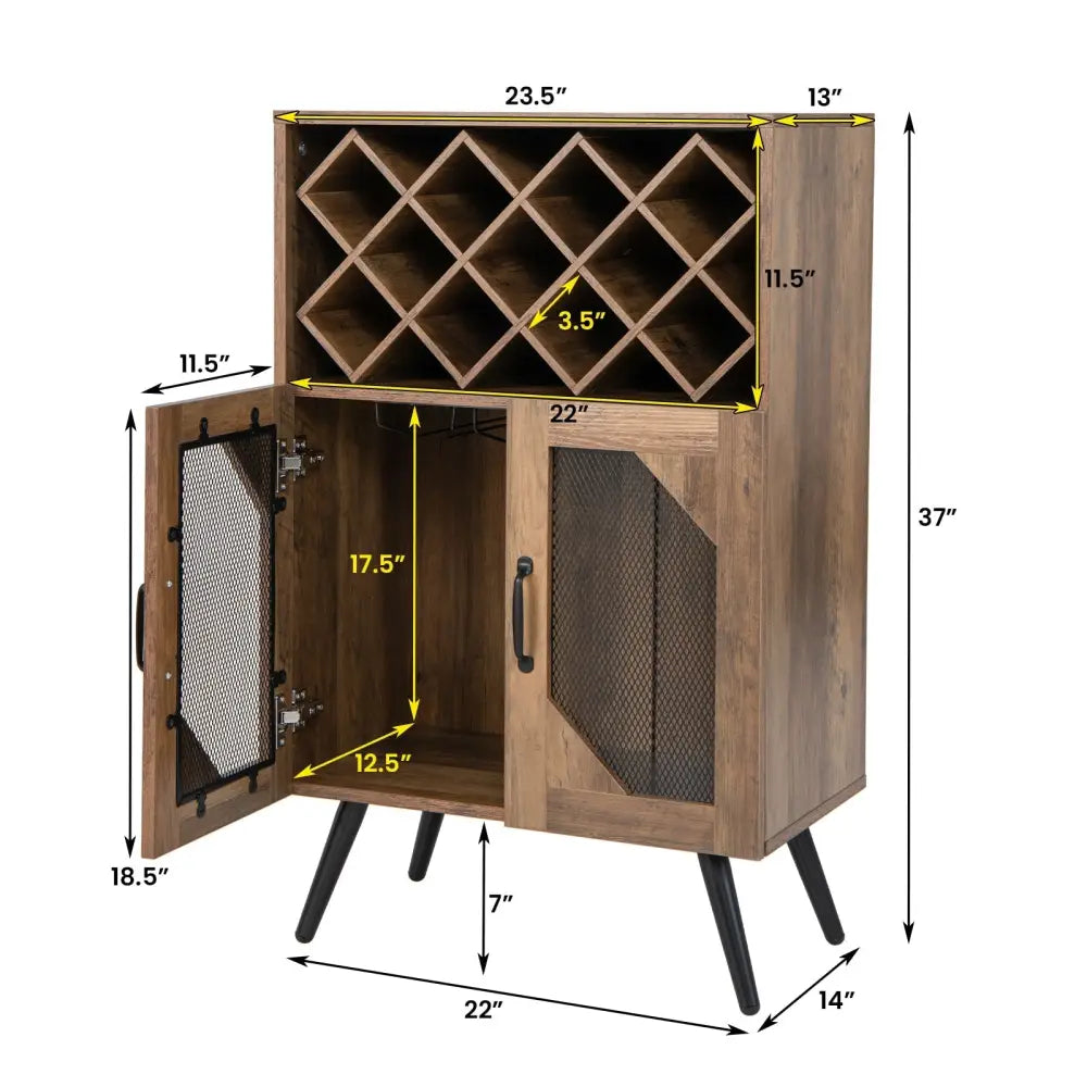 2-Door Farmhouse Kitchen Storage Bar Cabinet with Wine Rack and Glass Holder-Rustic Brown Costway