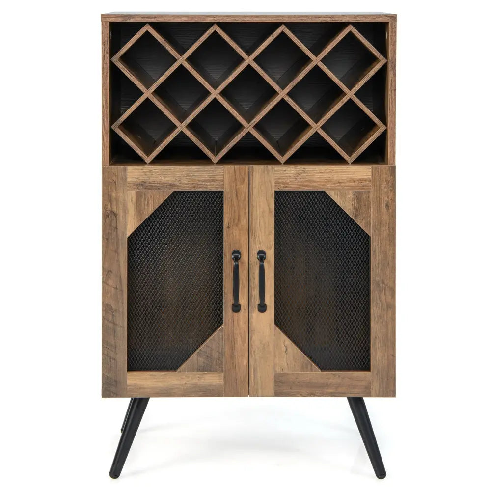 2-Door Farmhouse Kitchen Storage Bar Cabinet with Wine Rack and Glass Holder-Rustic Brown Costway
