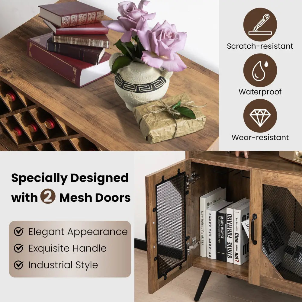 2-Door Farmhouse Kitchen Storage Bar Cabinet with Wine Rack and Glass Holder-Rustic Brown Costway