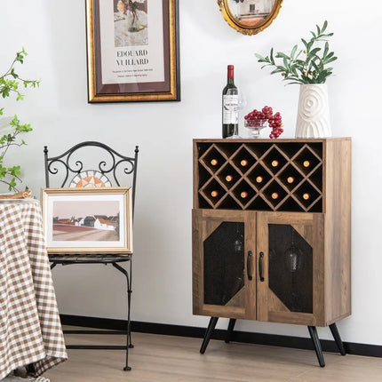 2-Door Farmhouse Kitchen Storage Bar Cabinet with Wine Rack and Glass Holder-Rustic Brown Costway