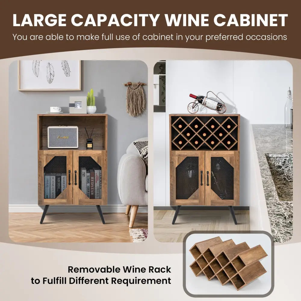 2-Door Farmhouse Kitchen Storage Bar Cabinet with Wine Rack and Glass Holder-Rustic Brown - Brown - Sideboards Cabinets