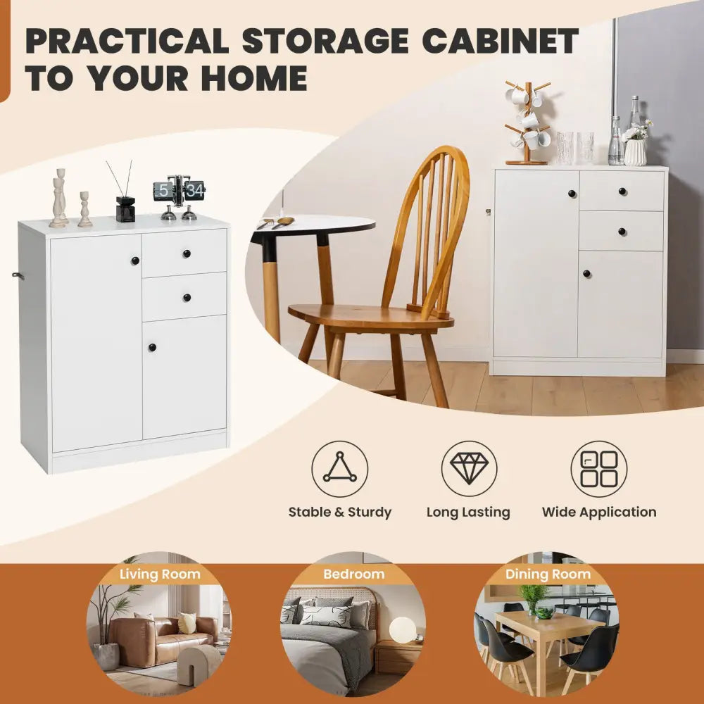 2-Door Free-standing Kitchen Sideboard with Adjustable Shelves-White - White - Cabinets & Chests