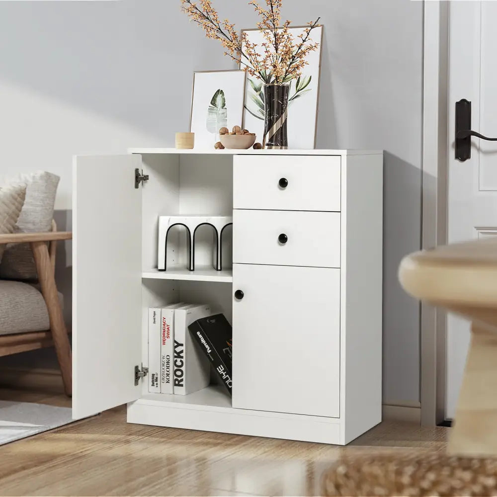 2-Door Free-standing Kitchen Sideboard with Adjustable Shelves-White - White - Cabinets & Chests