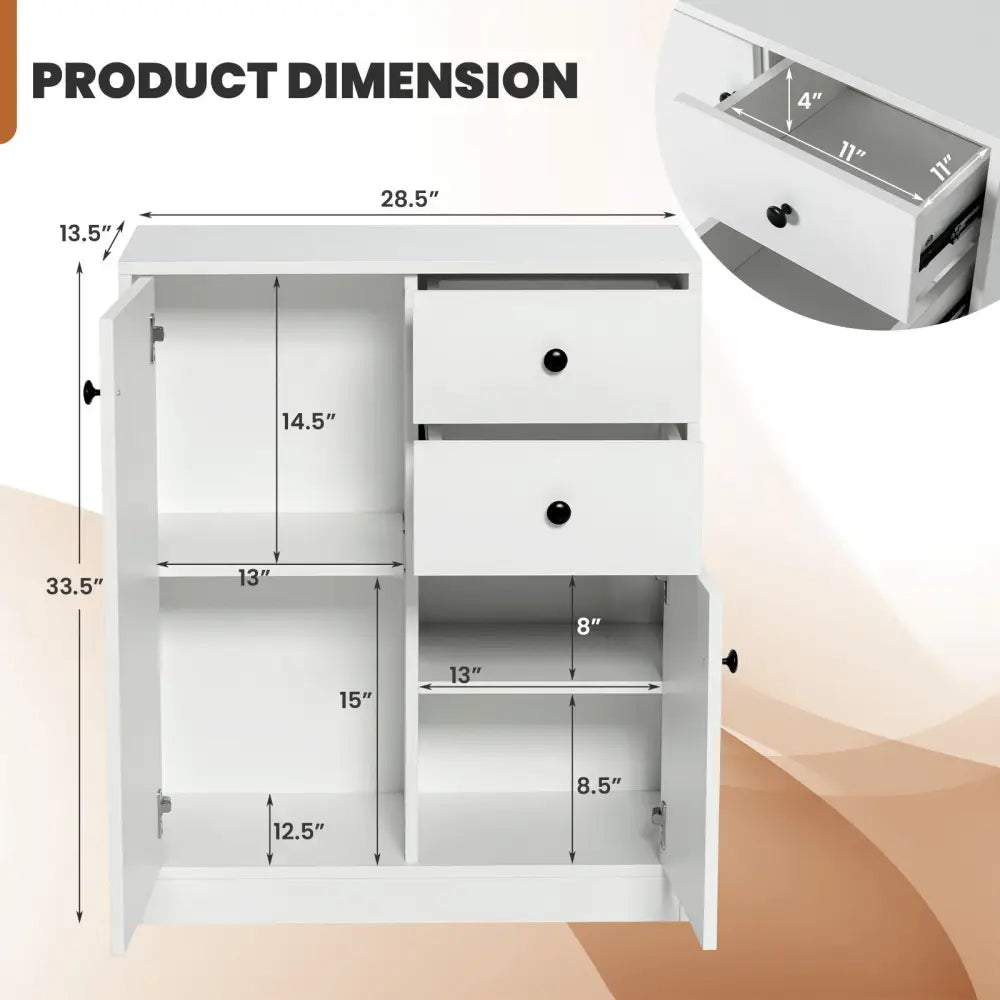 2-Door Free-standing Kitchen Sideboard with Adjustable Shelves-White - White - Cabinets & Chests
