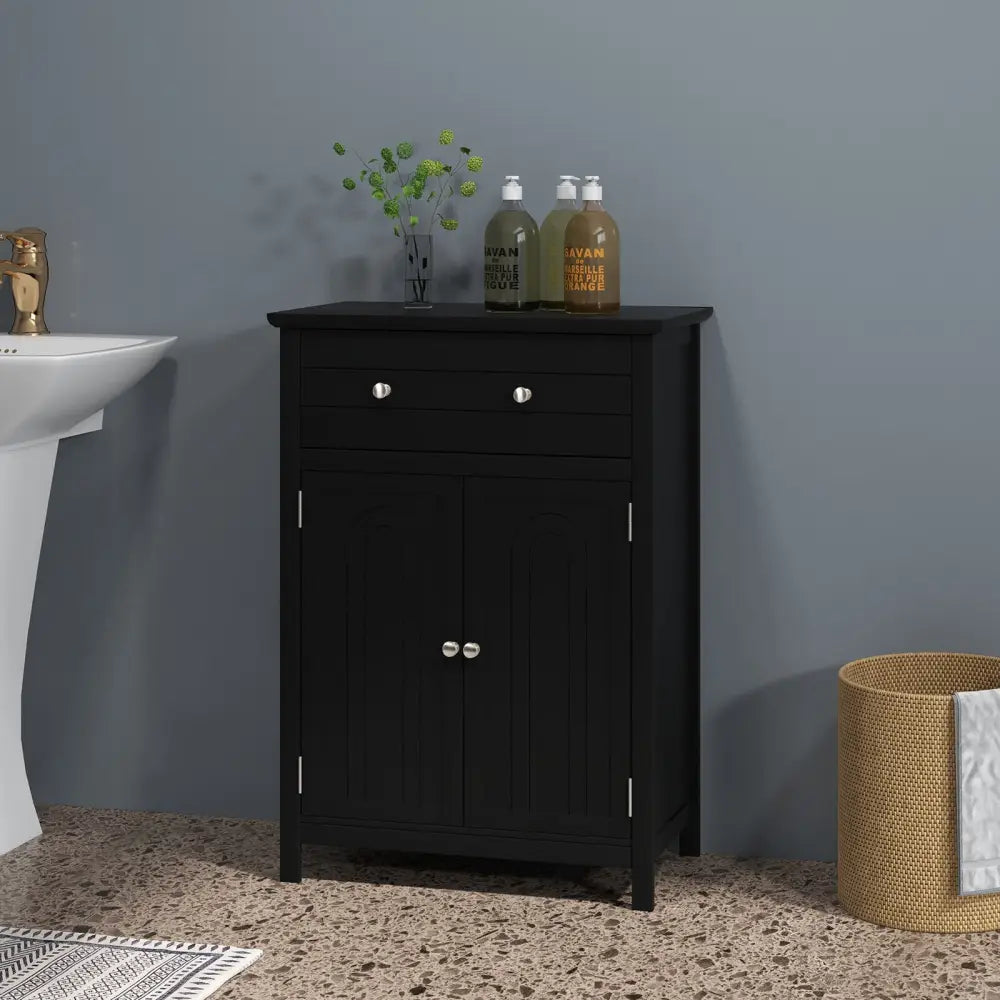 2-Door Freestanding Bathroom Cabinet with Drawer and Adjustable Shelf-Black - Black - Floor Cabinets