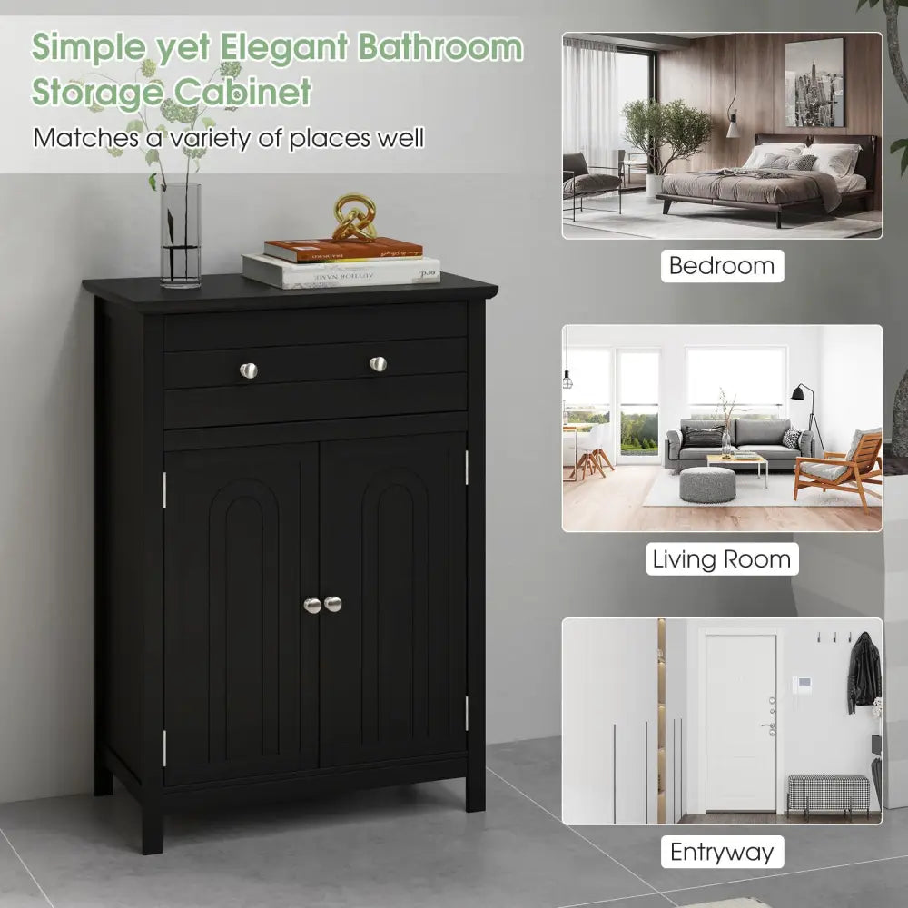 2-Door Freestanding Bathroom Cabinet with Drawer and Adjustable Shelf-Black - Black - Floor Cabinets