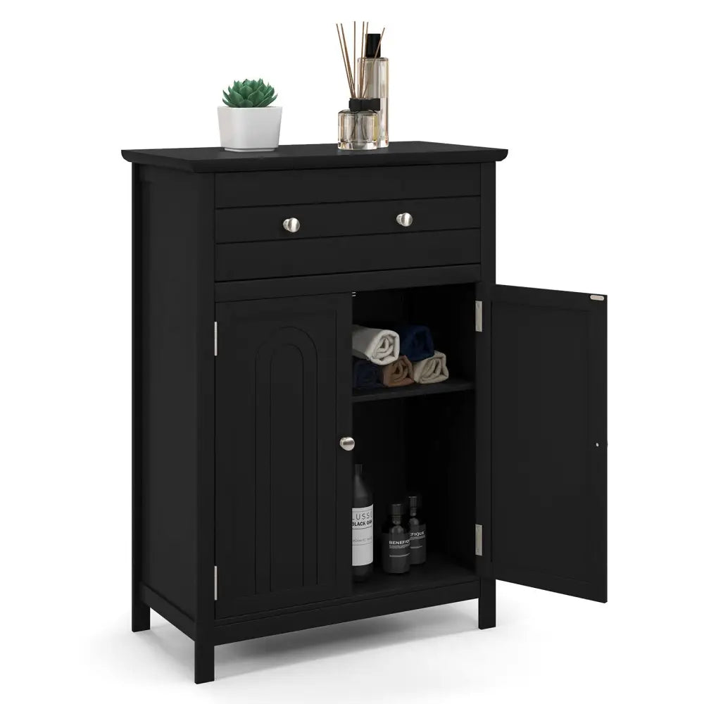 2-Door Freestanding Bathroom Cabinet with Drawer and Adjustable Shelf-Black - Black - Floor Cabinets