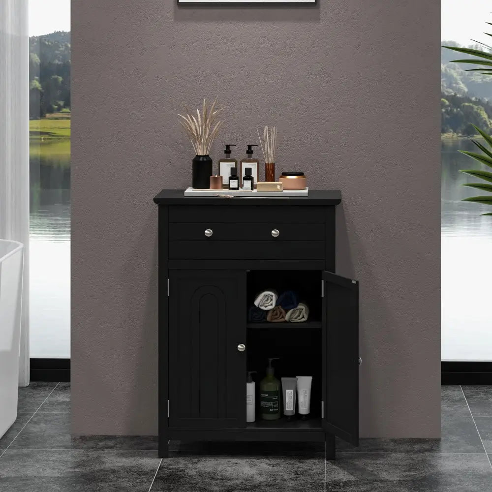 2-Door Freestanding Bathroom Cabinet with Drawer and Adjustable Shelf-Black - Black - Floor Cabinets