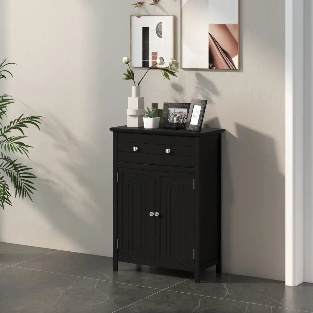 2-Door Freestanding Bathroom Cabinet with Drawer and Adjustable Shelf-Black - Black - Floor Cabinets