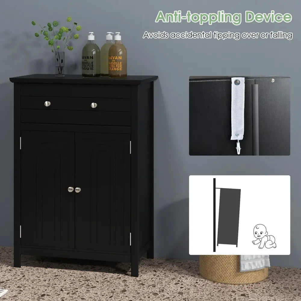2-Door Freestanding Bathroom Cabinet with Drawer and Adjustable Shelf-Black - Black - Floor Cabinets