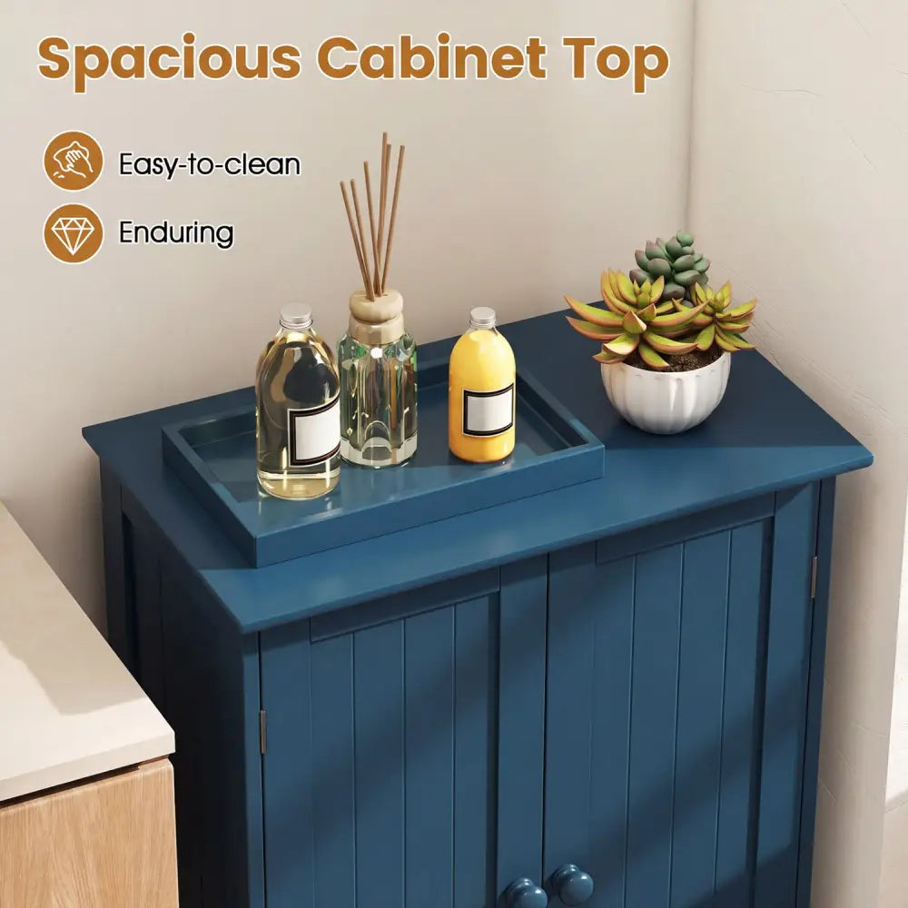2-Door Freestanding Wooden Bathroom Cabinet with Adjustable Shelf-Green - Blue - Floor Cabinets