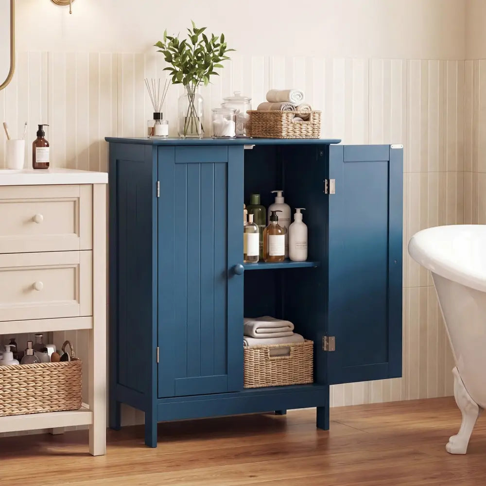 2-Door Freestanding Wooden Bathroom Cabinet with Adjustable Shelf-Green - Blue - Floor Cabinets