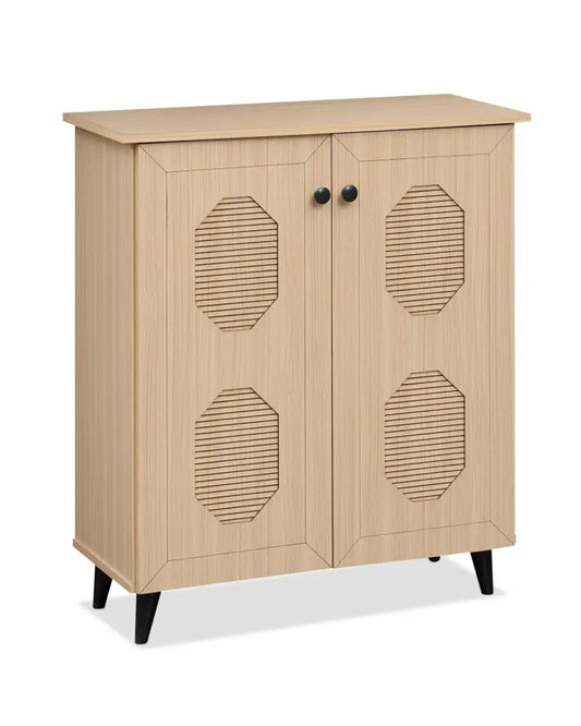 2 Door Geometricâ€‘Style Storage Cabinet Freestanding Footwear Organizer with Stylish Carved Panels-Natural - Natural