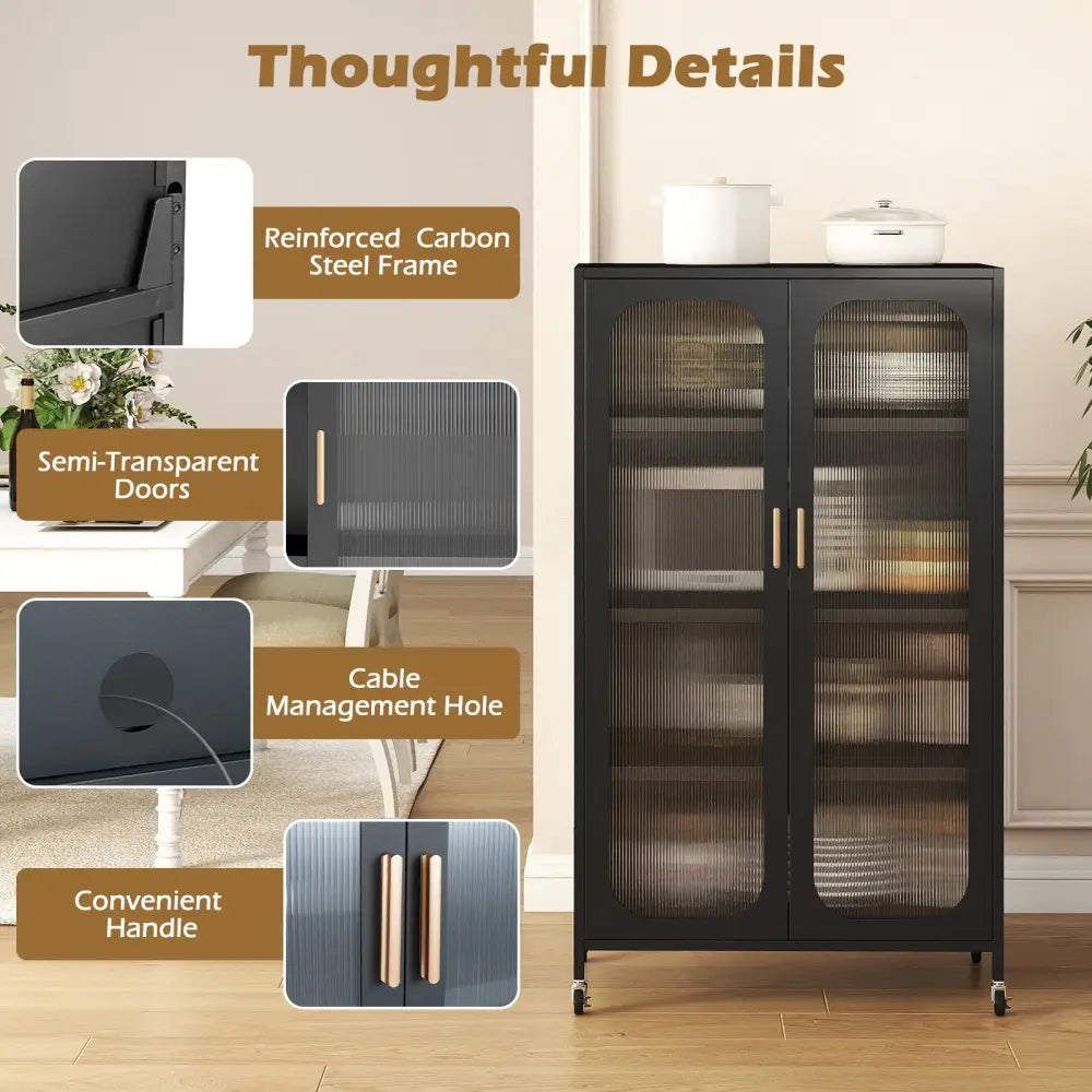 2-Door Metal Storage Cabinet 5-Tier with Adjustable Shelves-Black - Black - Sideboards Cabinets & Buffets