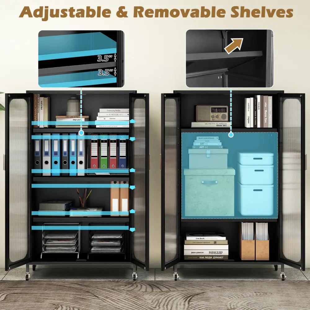 2-Door Metal Storage Cabinet 5-Tier with Adjustable Shelves-Black - Black - Sideboards Cabinets & Buffets