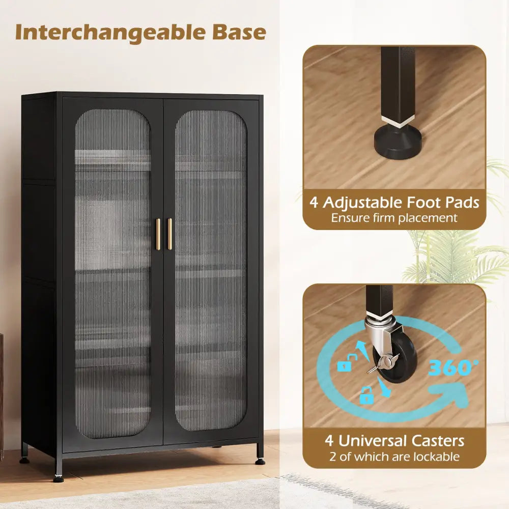 2-Door Metal Storage Cabinet 5-Tier with Adjustable Shelves-Black - Black - Sideboards Cabinets & Buffets