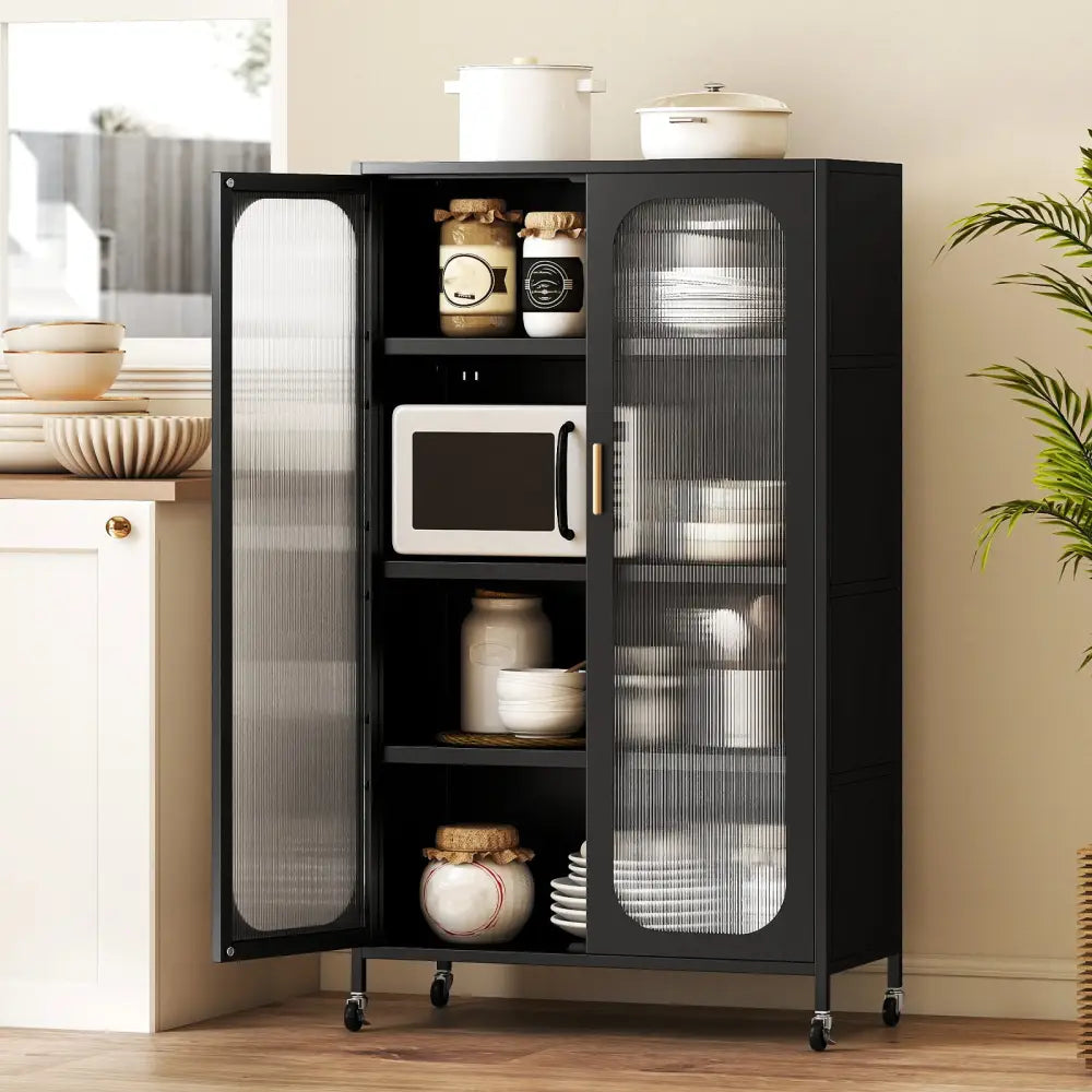 2-Door Metal Storage Cabinet 5-Tier with Adjustable Shelves-Black - Black - Sideboards Cabinets & Buffets