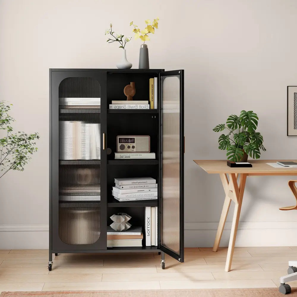 2-Door Metal Storage Cabinet 5-Tier with Adjustable Shelves-Black - Black - Sideboards Cabinets & Buffets