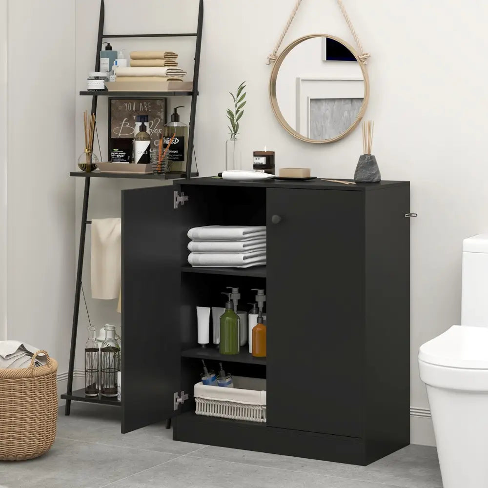 2-Door Modern Floor Storage Cabinet with 3-Tier Shelf-Black - Black - Cabinets & Chests