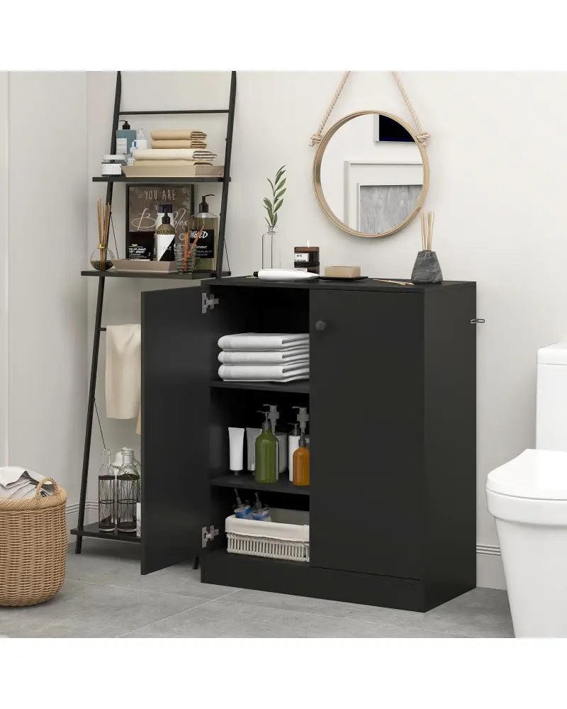 2-Door Modern Floor Storage Cabinet with 3-Tier Shelf-Black - Black - Cabinets & Chests