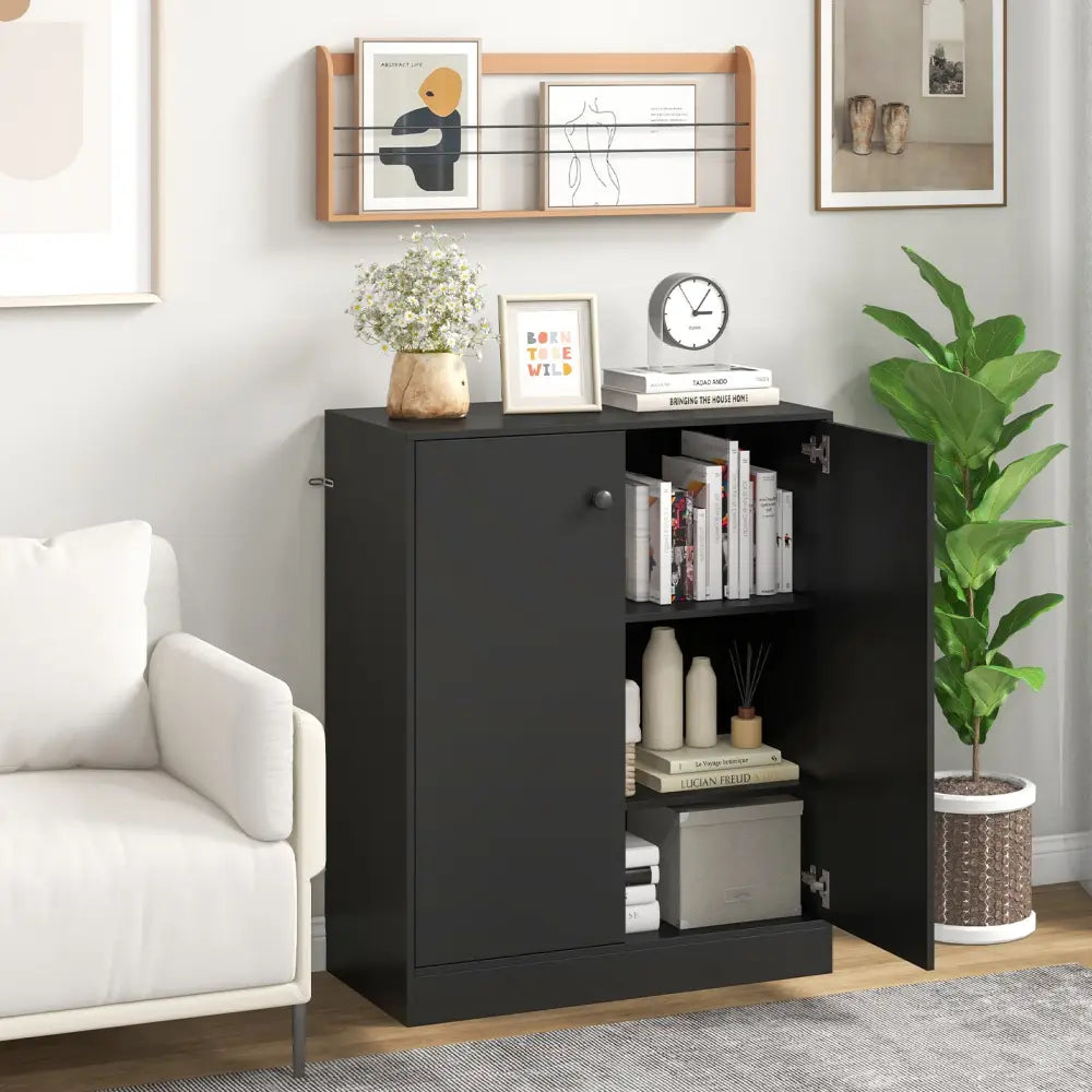 2-Door Modern Floor Storage Cabinet with 3-Tier Shelf-Black - Black - Cabinets & Chests