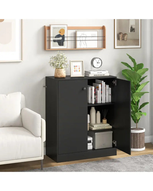 2-Door Modern Floor Storage Cabinet with 3-Tier Shelf-Black - Black - Cabinets & Chests