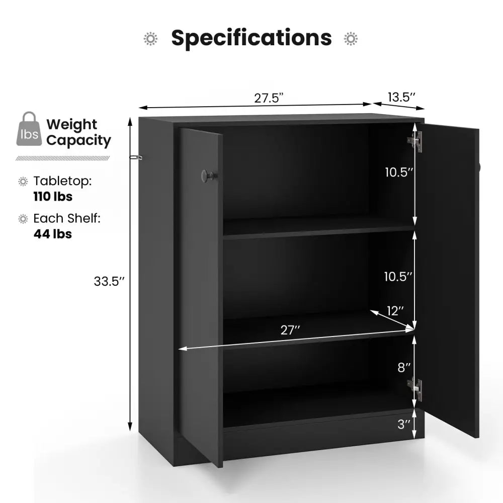 2-Door Modern Floor Storage Cabinet with 3-Tier Shelf-Black - Black - Cabinets & Chests