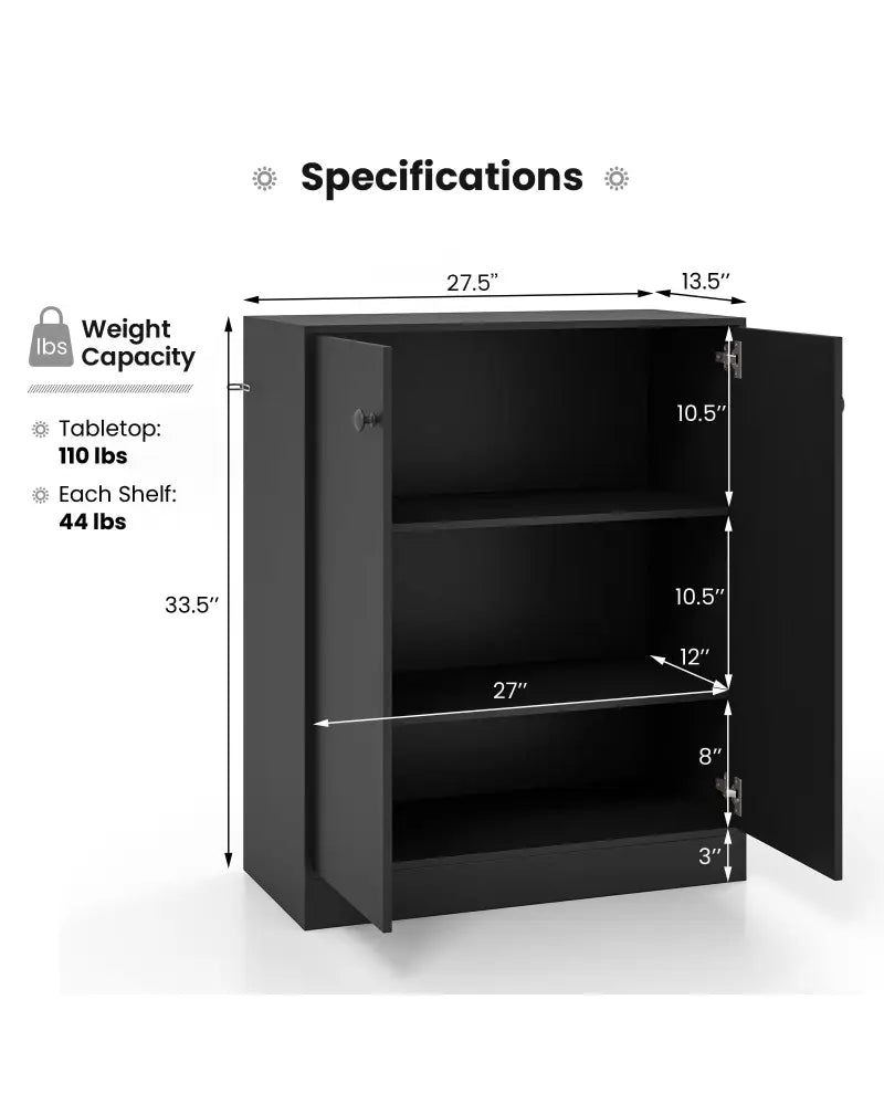 2-Door Modern Floor Storage Cabinet with 3-Tier Shelf-Black - Black - Cabinets & Chests