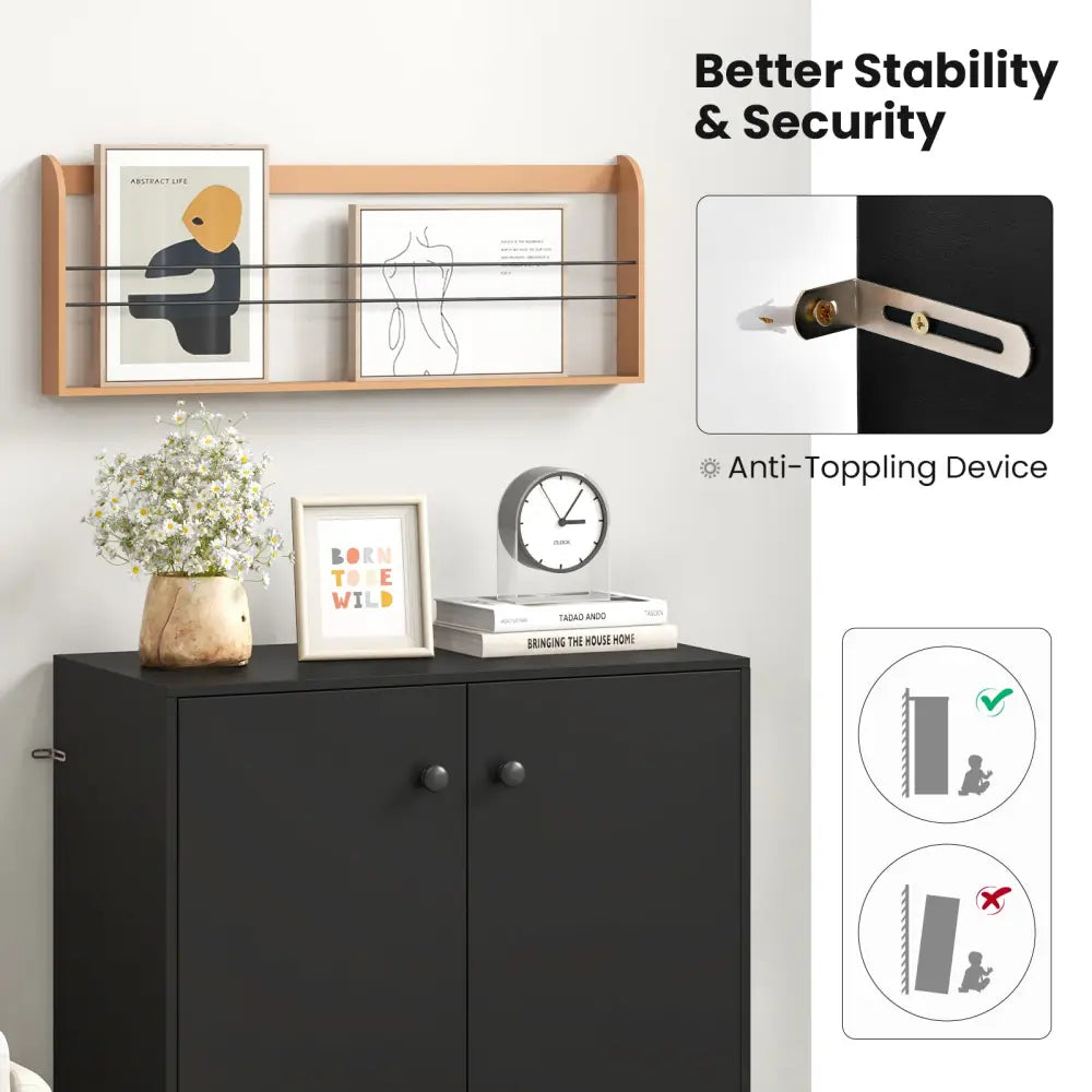 2-Door Modern Floor Storage Cabinet with 3-Tier Shelf-Black - Black - Cabinets & Chests