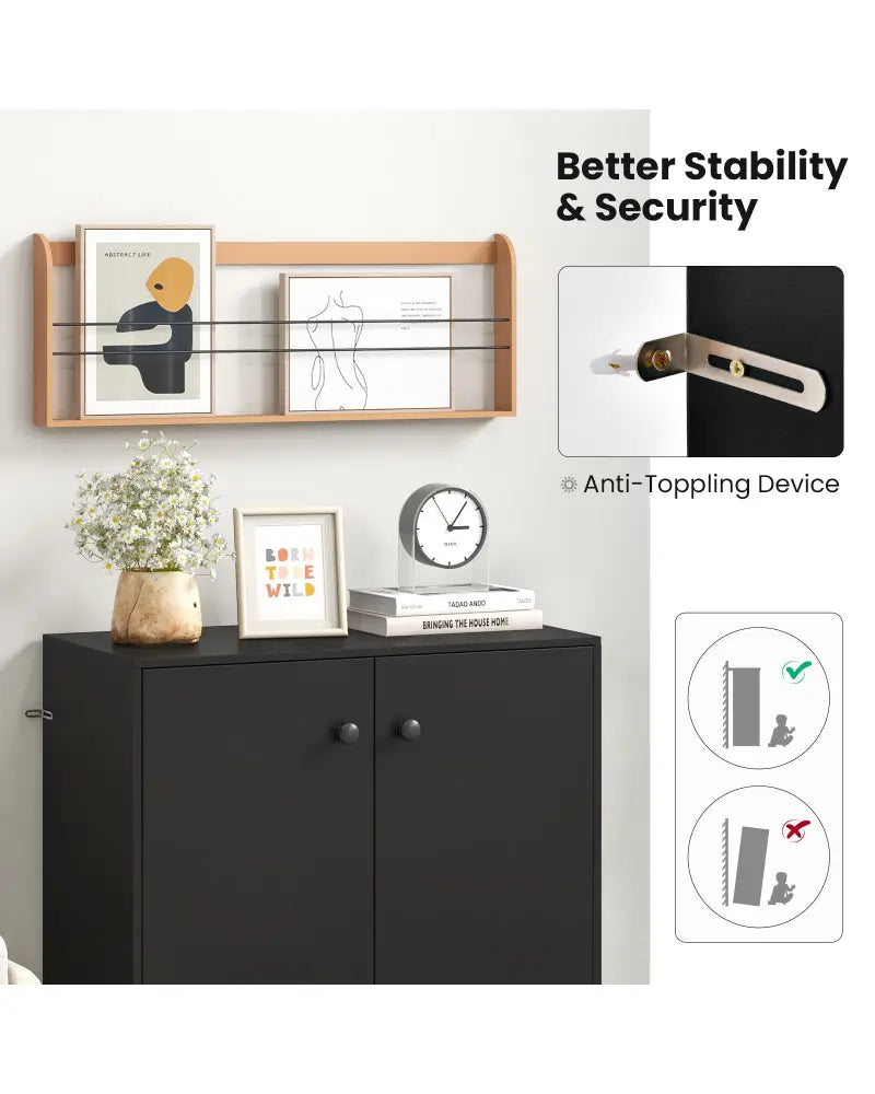 2-Door Modern Floor Storage Cabinet with 3-Tier Shelf-Black - Black - Cabinets & Chests