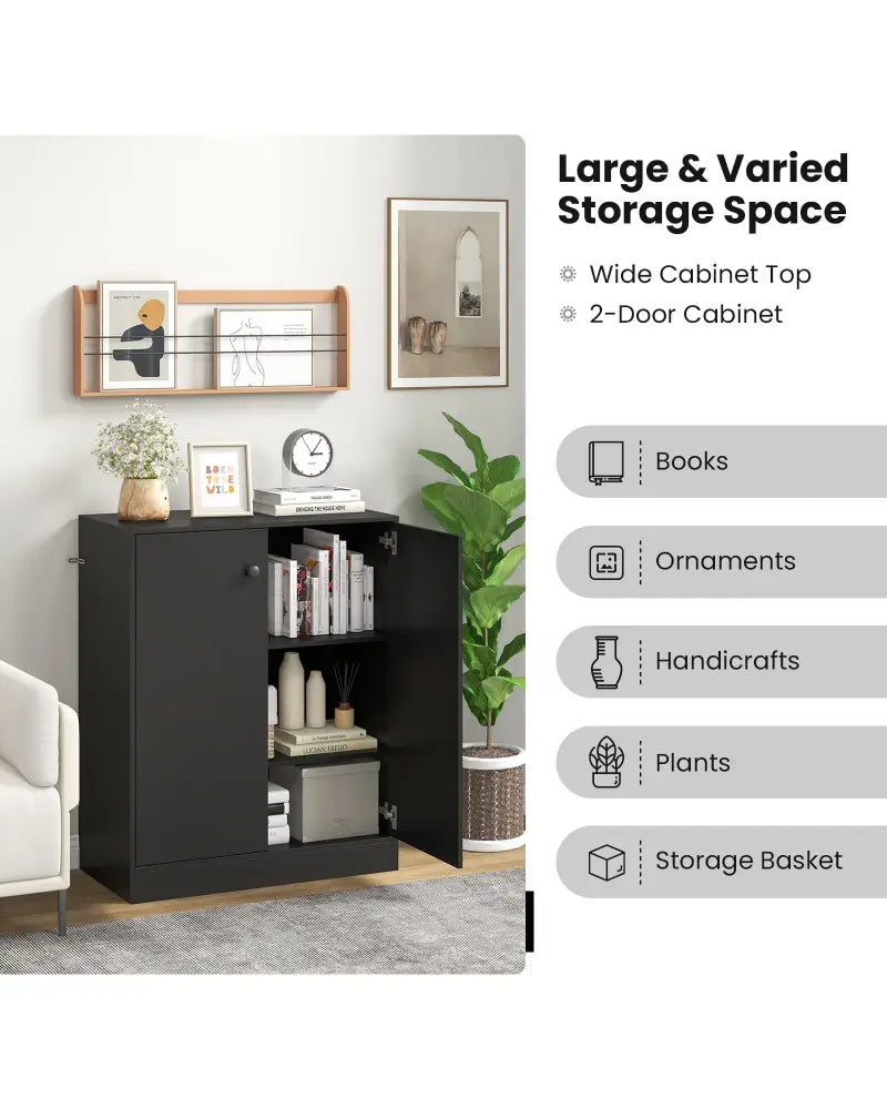 2-Door Modern Floor Storage Cabinet with 3-Tier Shelf-Black - Black - Cabinets & Chests