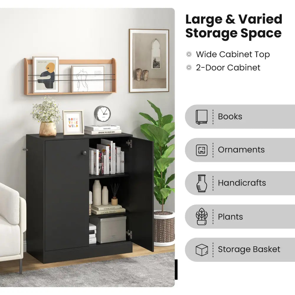 2-Door Modern Floor Storage Cabinet with 3-Tier Shelf-Black - Black - Cabinets & Chests