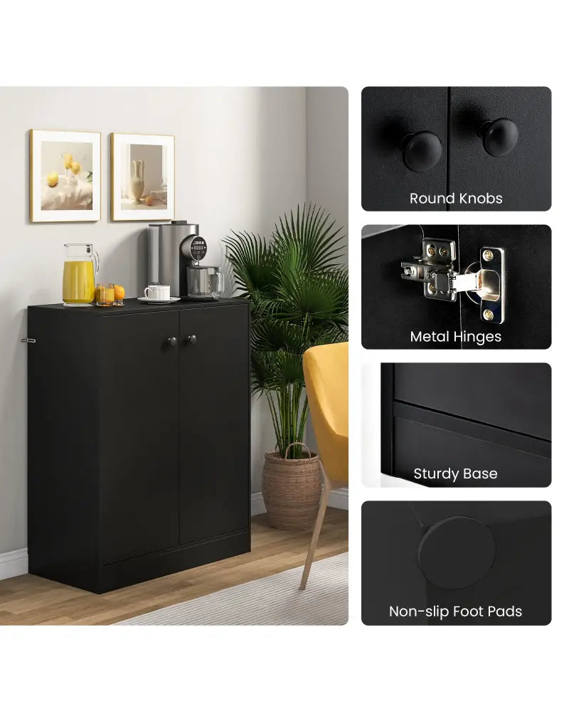 2-Door Modern Floor Storage Cabinet with 3-Tier Shelf-Black - Black - Cabinets & Chests