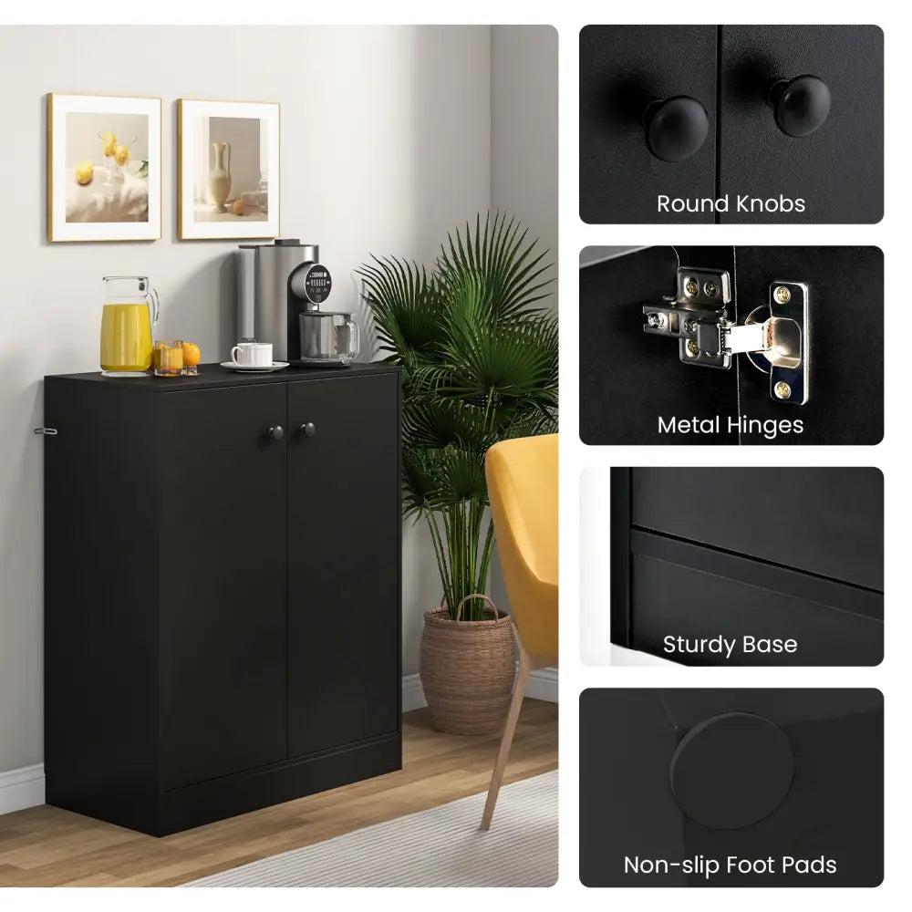 2-Door Modern Floor Storage Cabinet with 3-Tier Shelf-Black - Black - Cabinets & Chests